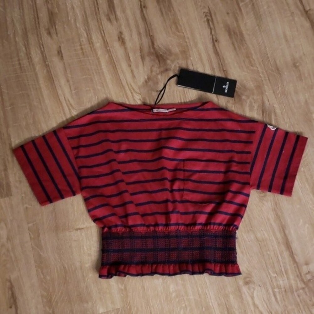 Moncler Red Navy Striped Quiet Luxury Casual Cropped Crew Neck Top Size XS NEW